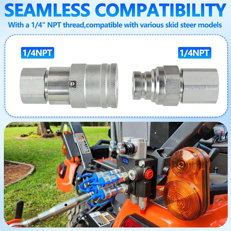Cplbrb 1/4’’ NPT Flat Face Hydraulic Quick Connect Couplers/Couplings with Dust Caps, The Universal Bobcat Flat Face Quick Connect Fittings with with 1/4" Body ISO 16028 Standard-2Set - Image 3